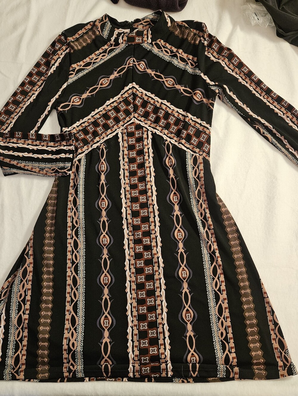 Free People Small Black Geometric Print Long Sleeve Mini Dress Boho - Picture 16 of 16
